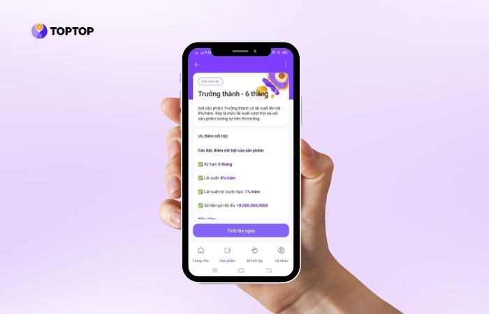 Giao diện gói “Trưởng Thành” tại Hũ Tiết Kiệm Số TopTop với lợi nhuận 8%/năm kỳ hạn 6 tháng