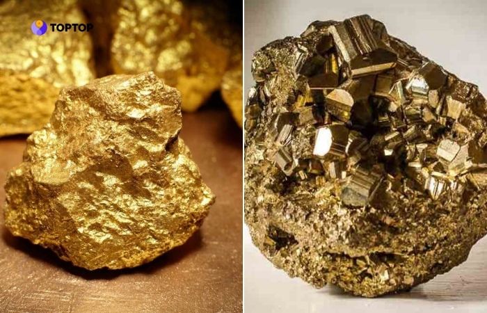 Vàng thật thường có màu vàng óng, còn pyrit có màu vàng đồng